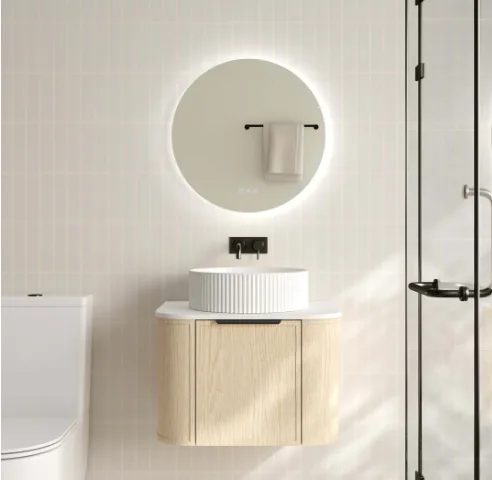 Elva 600mm Wall-Hung Cabinet - Natural Oak (INC Cabinet + Luna White Stone Top Black Handle)