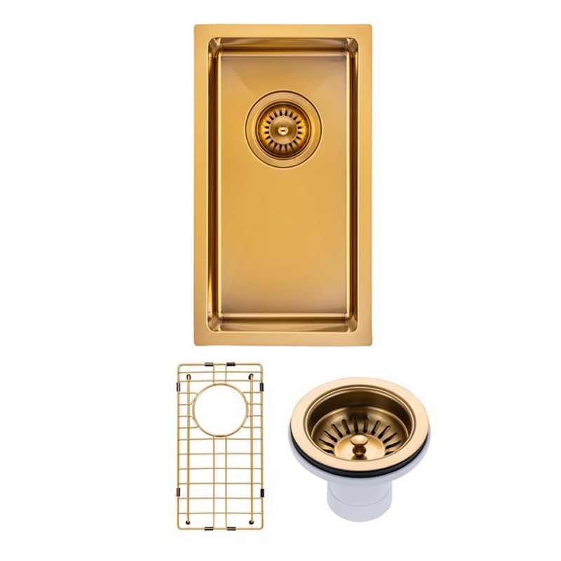 (C-250 Gold)Round Corner Stainless Steel Brushed Brass PVD Coating Single Bowl Kitchen Sink(with Bottom Grid) 250*450*215mm