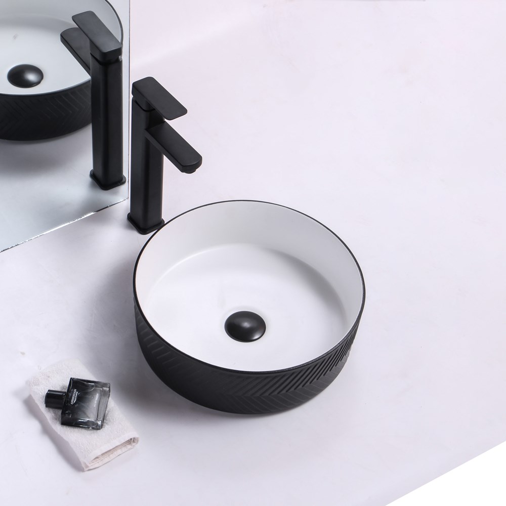 365*365*120mm Polar Black Textured Exterior Finish with Arrow Pattern & Matte White Interior Finish Above Counter Basin(32mm Nonoverflow)