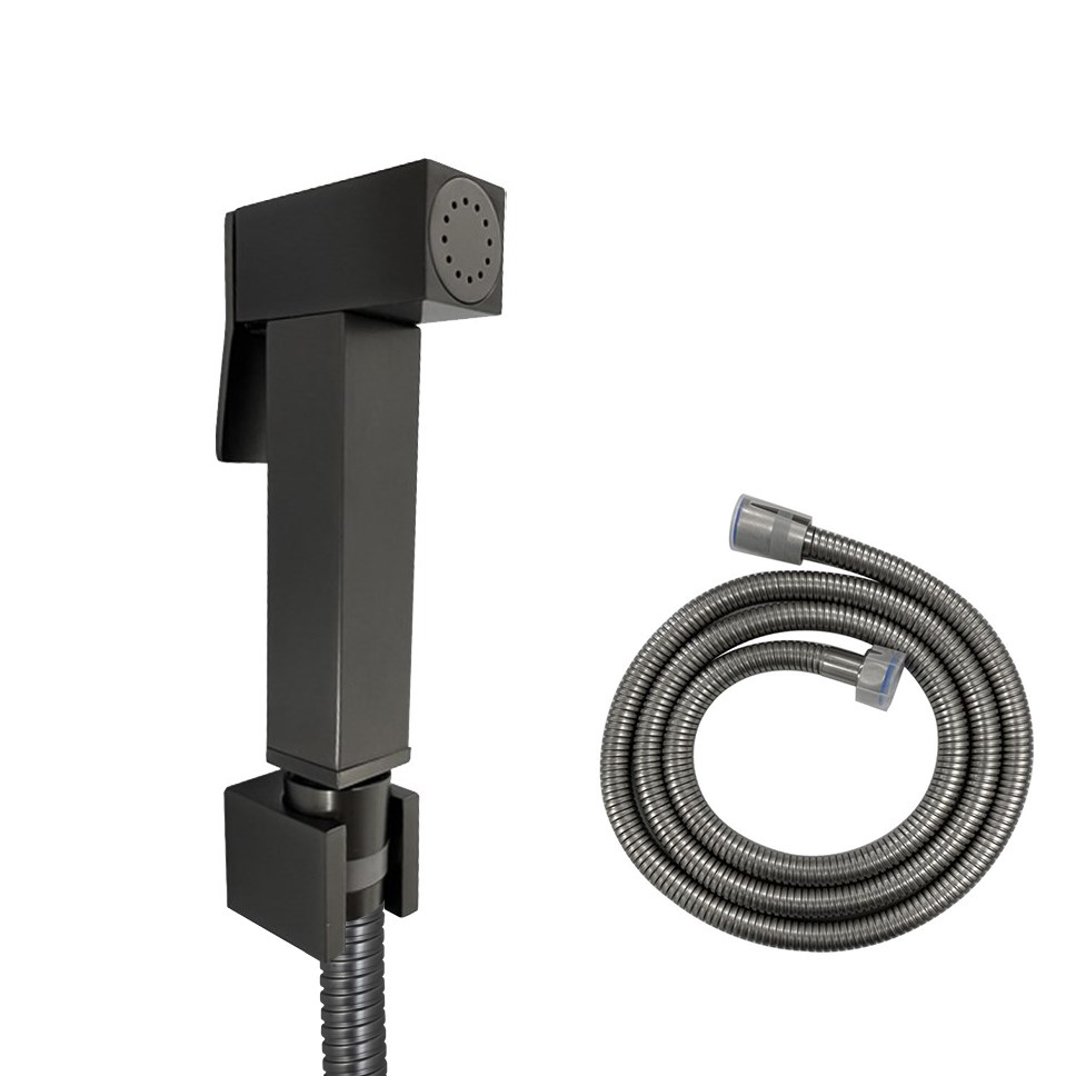 Square Gun Metal Grey Brass Toilet Bidet Spray Kit with Stainless Steel Hose