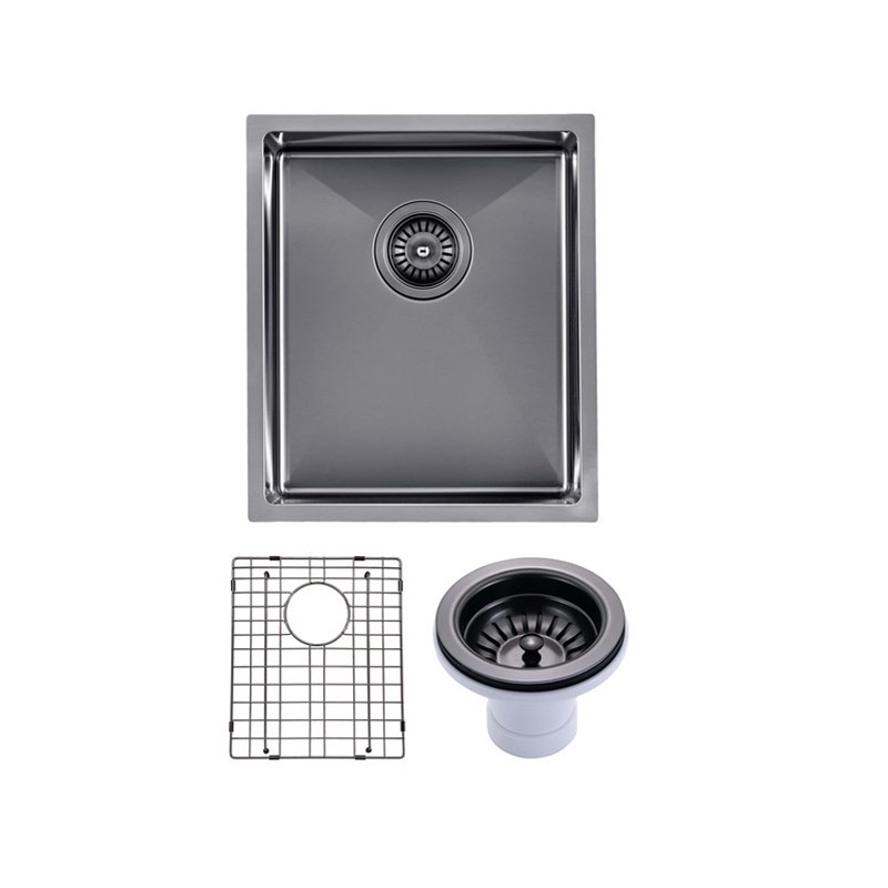 (C-390 Black)Round Corner Stainless Steel Gun Metal Grey PVD Coating Single Bowl Kitchen Sink(with Bottom Grid) 390*450*215mm