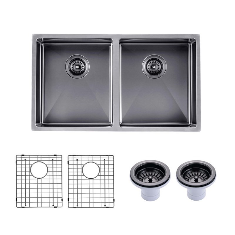 (C-770 Black)Round Corner Stainless Steel Gun Metal Grey PVD Coating Double Bowl Kitchen Sink(with Bottom Grid) 770*450*215mm