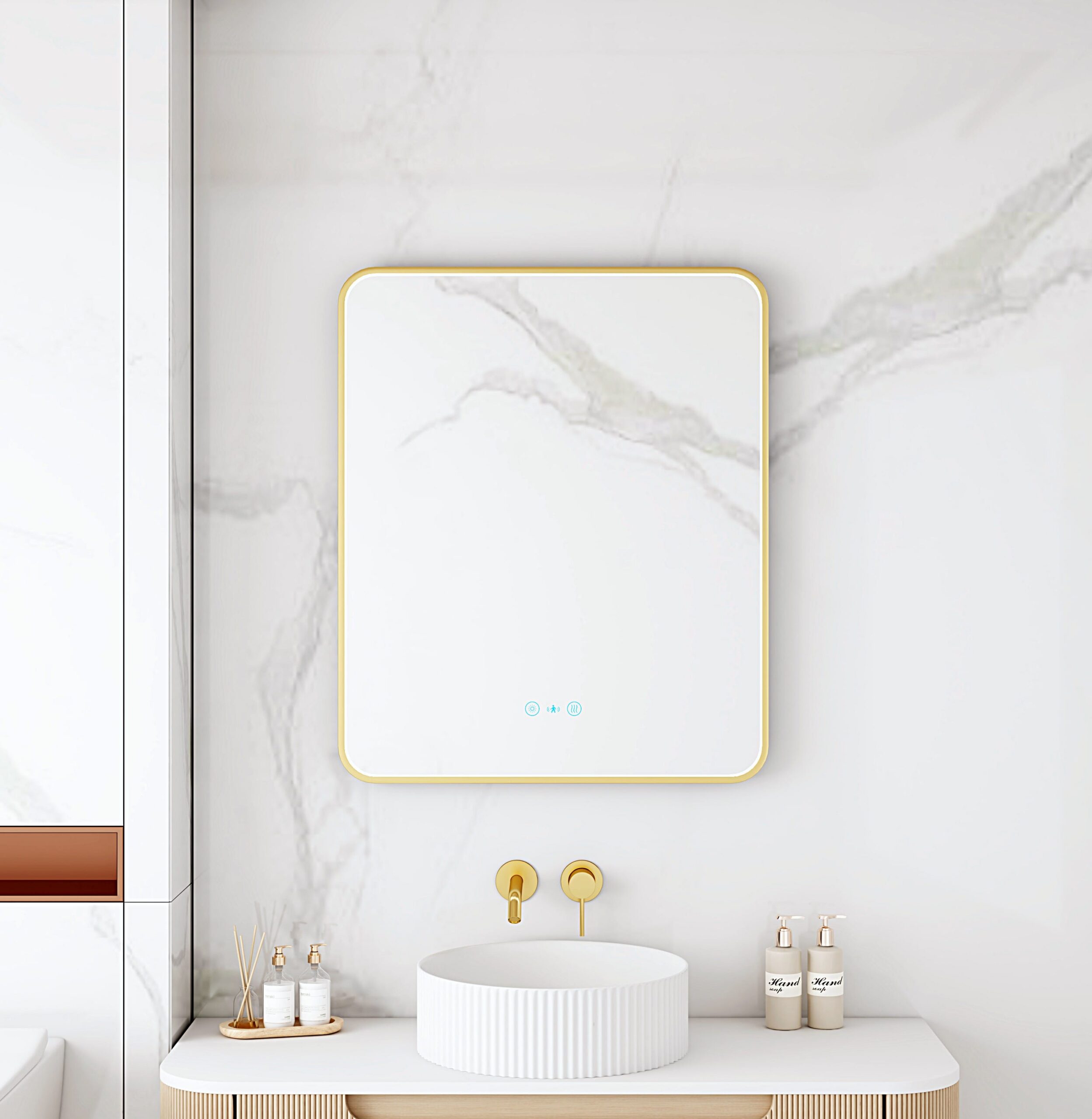 Maia Framed LED Mirrors 5mm Copper-Free Silver Mirror 600 x 750mm - Brushed Gold Frame