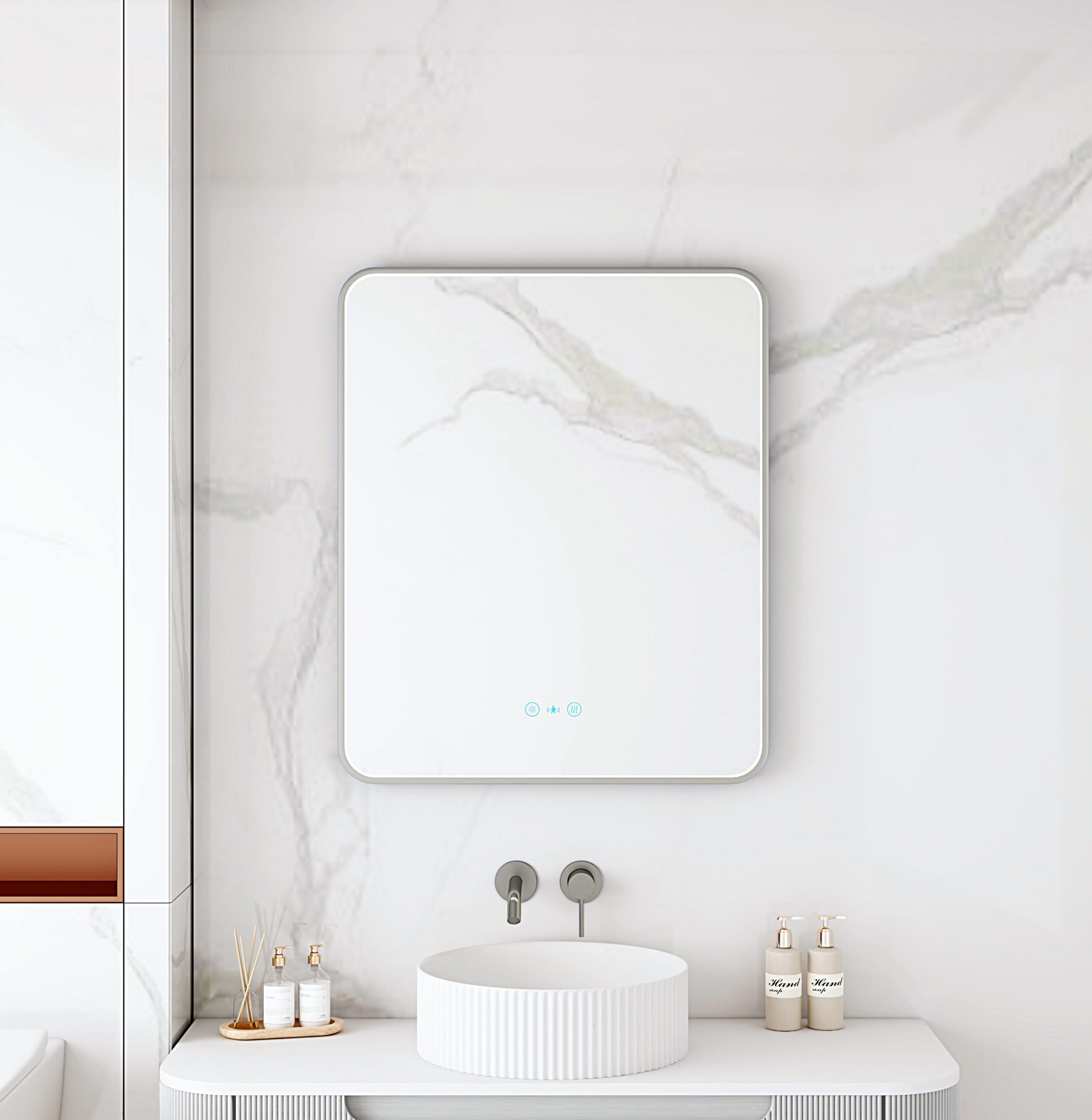 Maia Framed LED Mirrors 5mm Copper-Free Silver Mirror 600 x 750mm - Gun Metal Frame