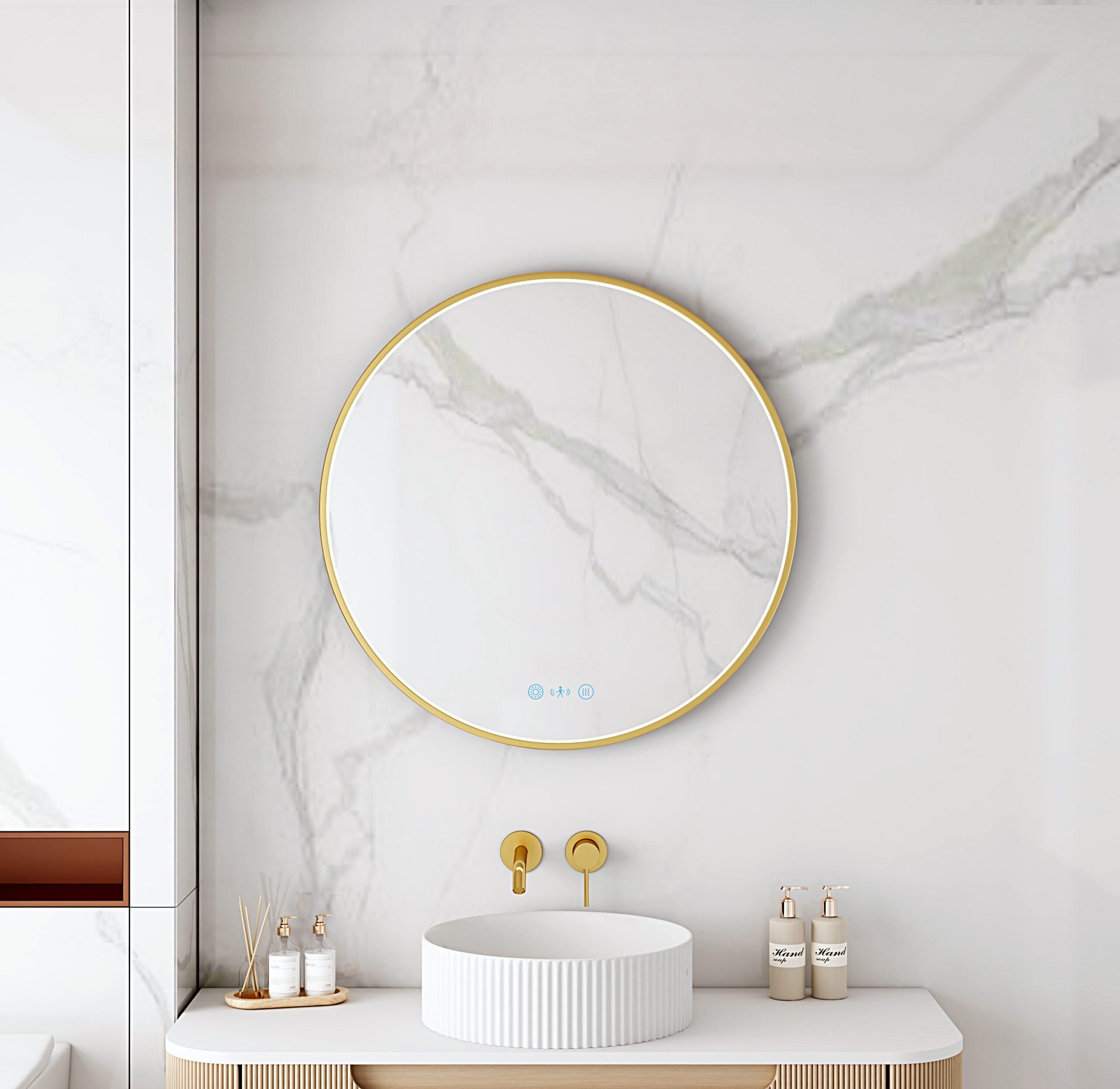 Maia Framed LED Mirrors 5mm Copper-Free Silver Mirror 600mm - Brushed Gold Frame