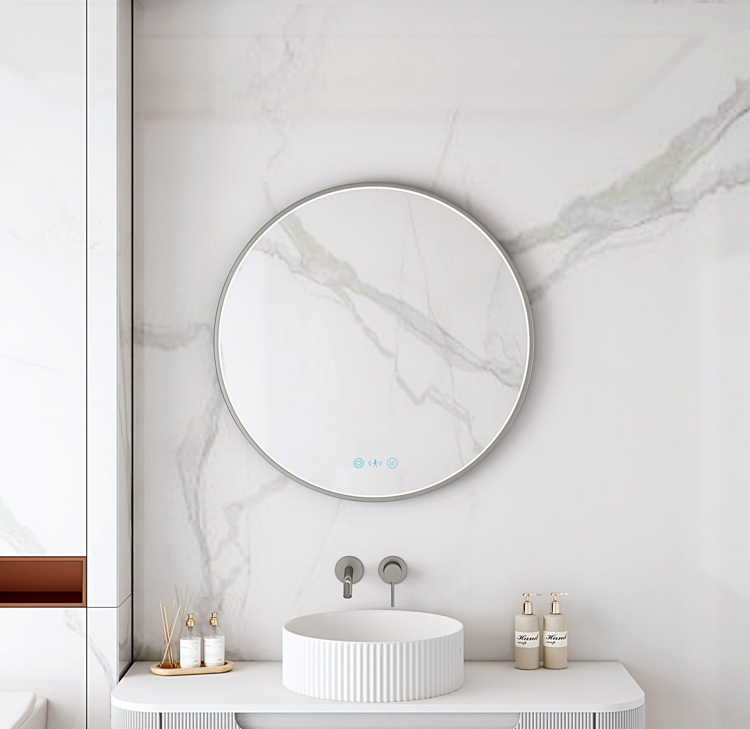 Maia Framed LED Mirrors 5mm Copper-Free Silver Mirror 600mm - Gun Metal Frame