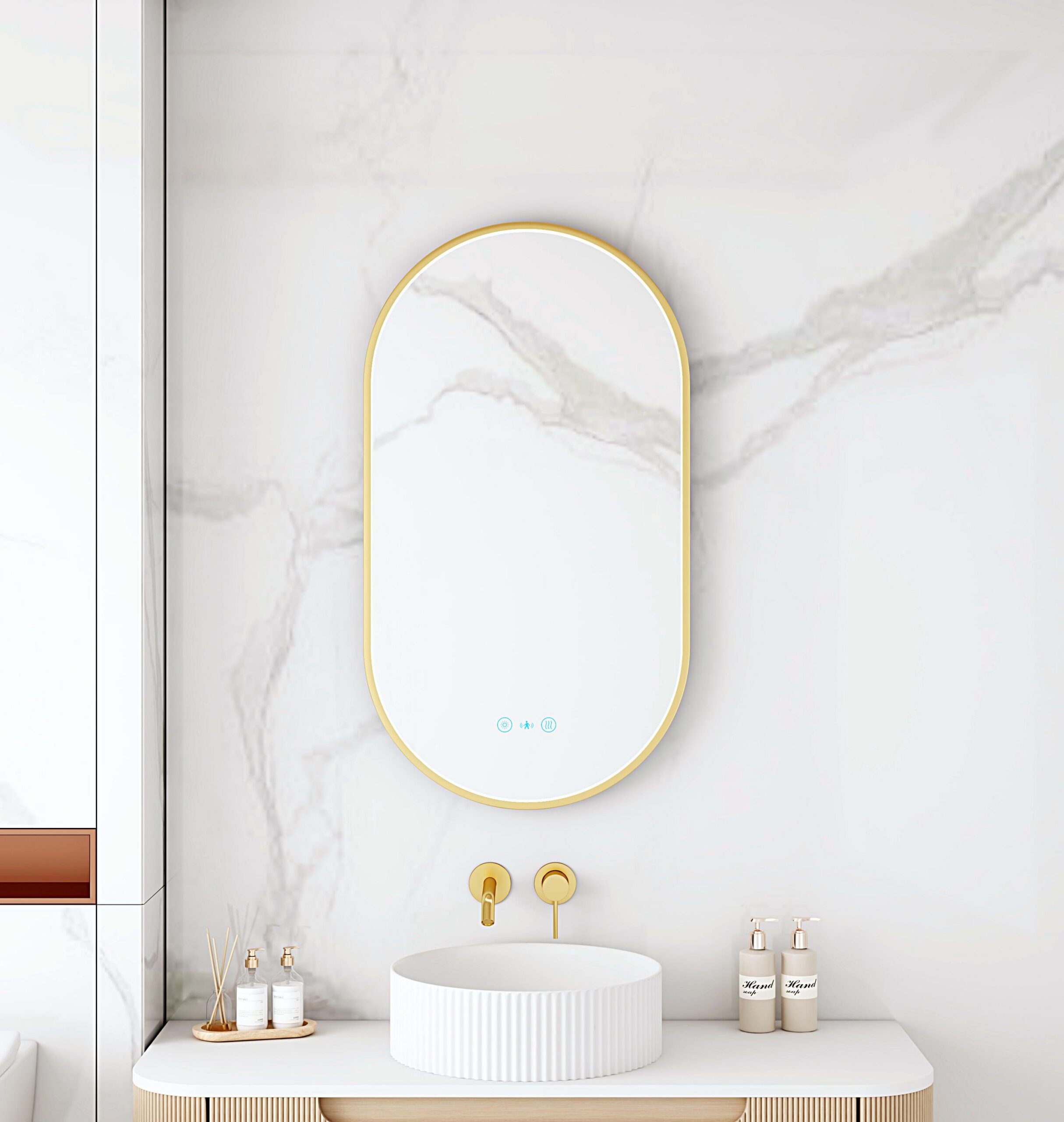 Maia Framed LED Mirrors 5mm Copper-Free Silver Mirror 900 x 500mm - Brushed Gold Frame