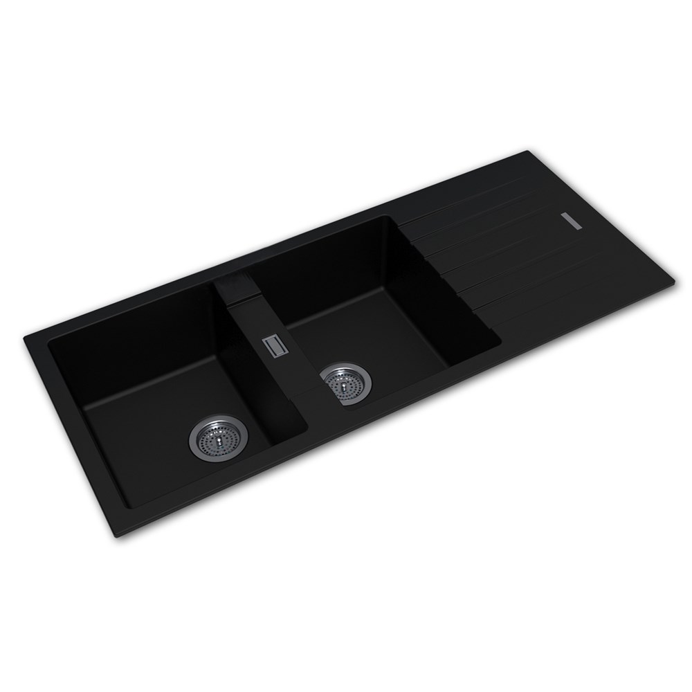Black Arete Stone Granite Double Bowl with Drain Board Stone Kitchen Sink 1160*500*200mm