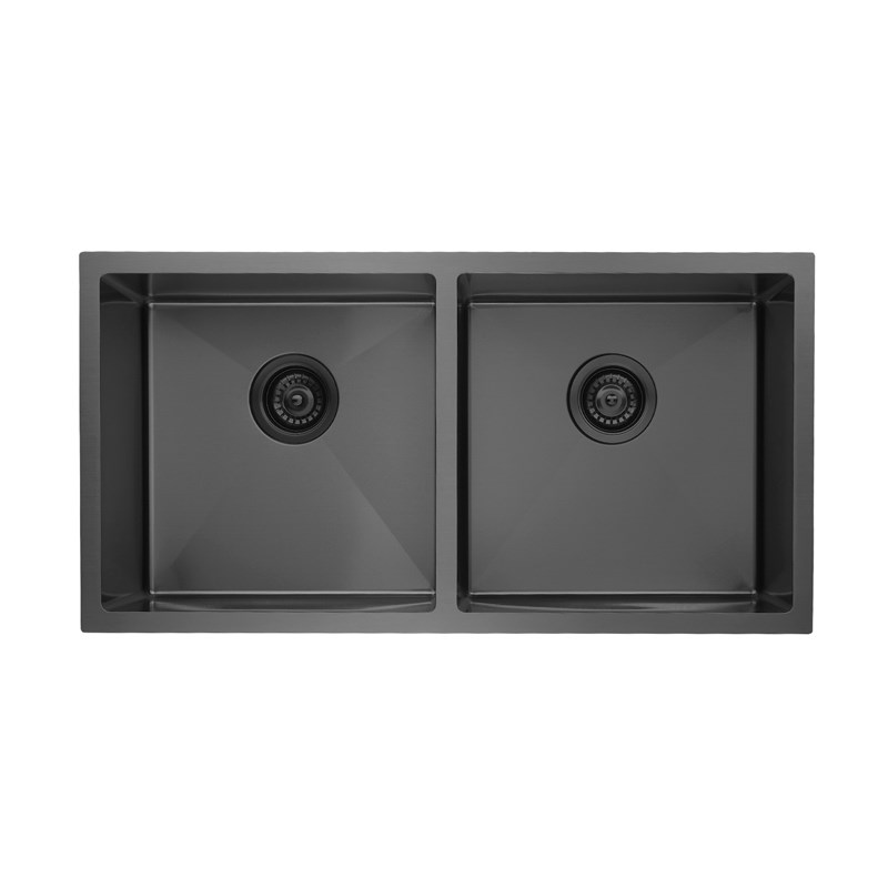Round Corner Dark Grey Stainless Steel Handmade Double Bowl Kitchen Sink 865*440*200mm(with dark grey waste)