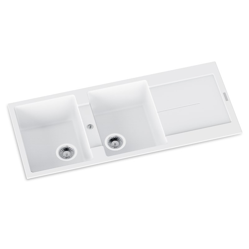 White Carysil Enigma D200 Granite Double Bowl with Drain Board Stone Kitchen Sink 1160*460*200mm