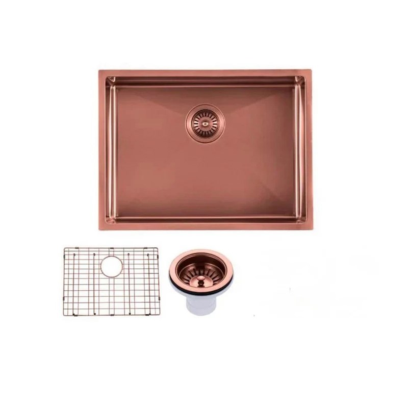 Round Corner Stainless Steel Copper PVD Coating Single Bowl Kitchen Sink(with Bottom Grid) 600*450*300mm