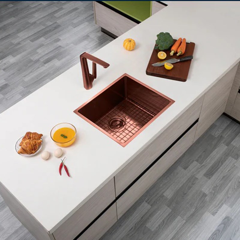 Round Corner Stainless Steel Copper PVD Coating Single Bowl Kitchen Sink(with Bottom Tray) 500*440*230mm