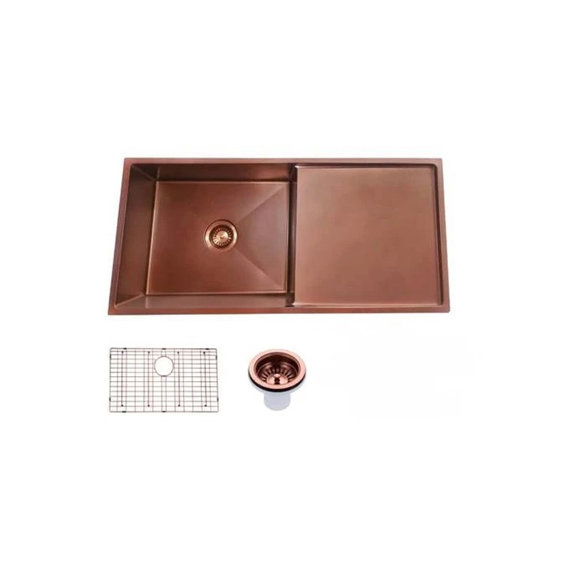 Round Corner Stainless Steel Copper PVD Coating Single Bowl with Drain Board Kitchen Sink(with Bottom Grid) 960*450*230mm