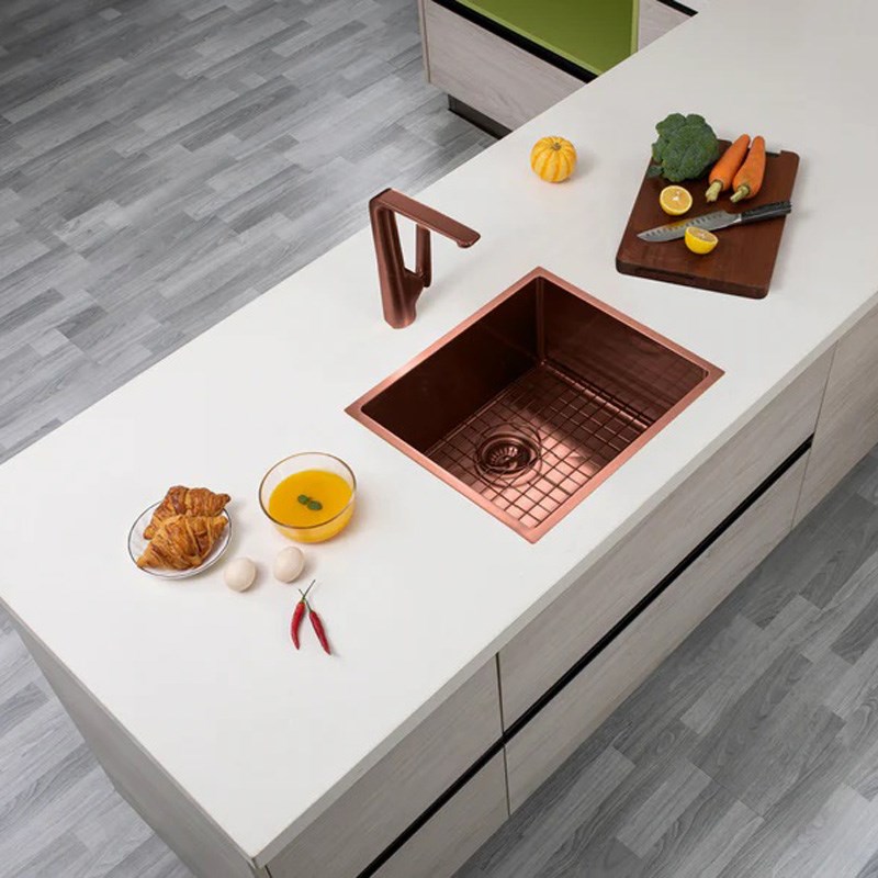 Round Corner Stainless Steel Copper PVD Coating Single Bowl Kitchen Sink(with Bottom Grid) 510*450*230mm