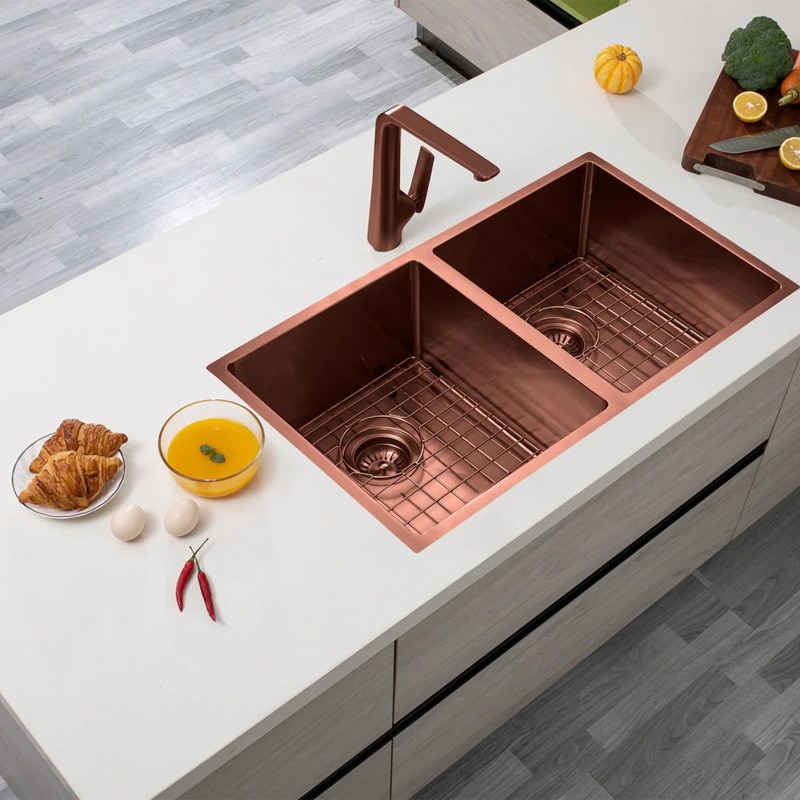 Round Corner Stainless Steel Copper PVD Coating Double Bowl Kitchen Sink(with Bottom Grid) 770*450*215mm