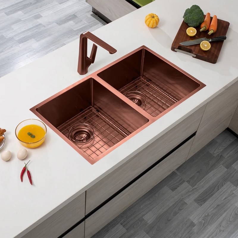 Round Corner Stainless Steel Copper PVD Coating Double Bowl Kitchen Sink(with Bottom Grid) 820*457*230mm