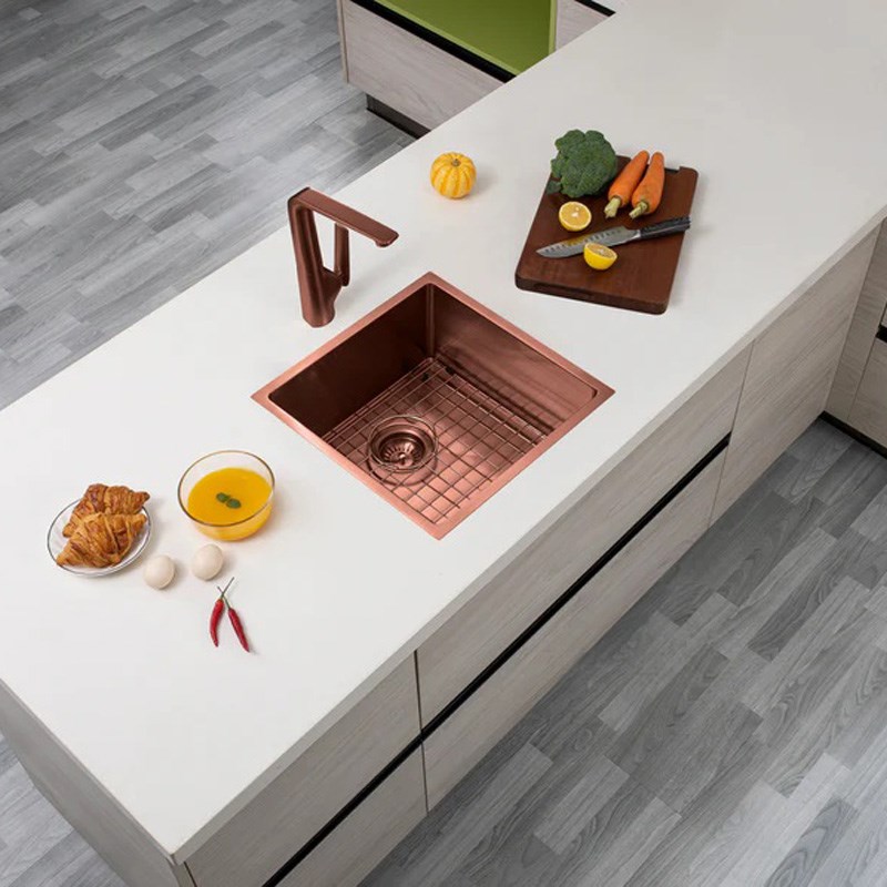 Round Corner Stainless Steel Copper PVD Coating Single Bowl Kitchen Sink(with Bottom Grid) 440*440*205mm