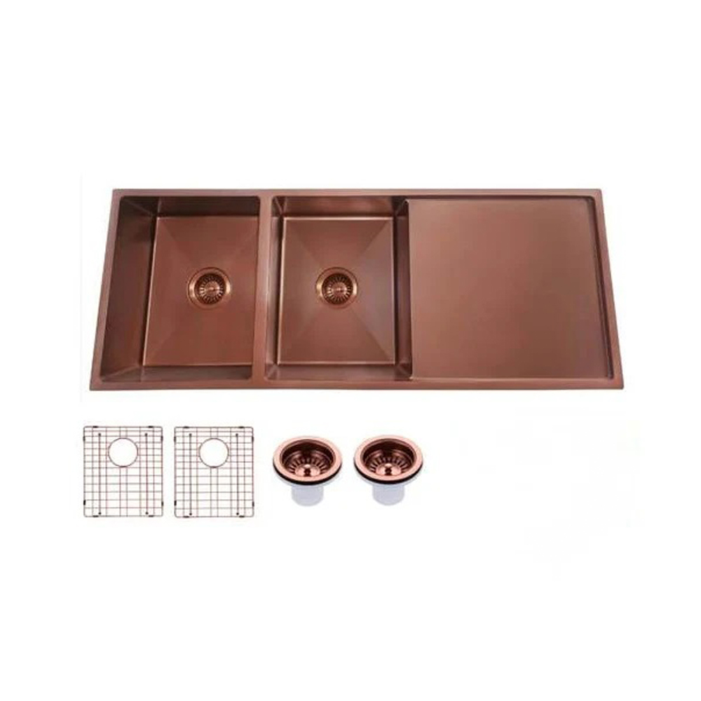 Round Corner Stainless Steel Copper PVD Coating Double Bowl with Drain Board Kitchen Sink(with Bottom Grid) 1160*460*230mm