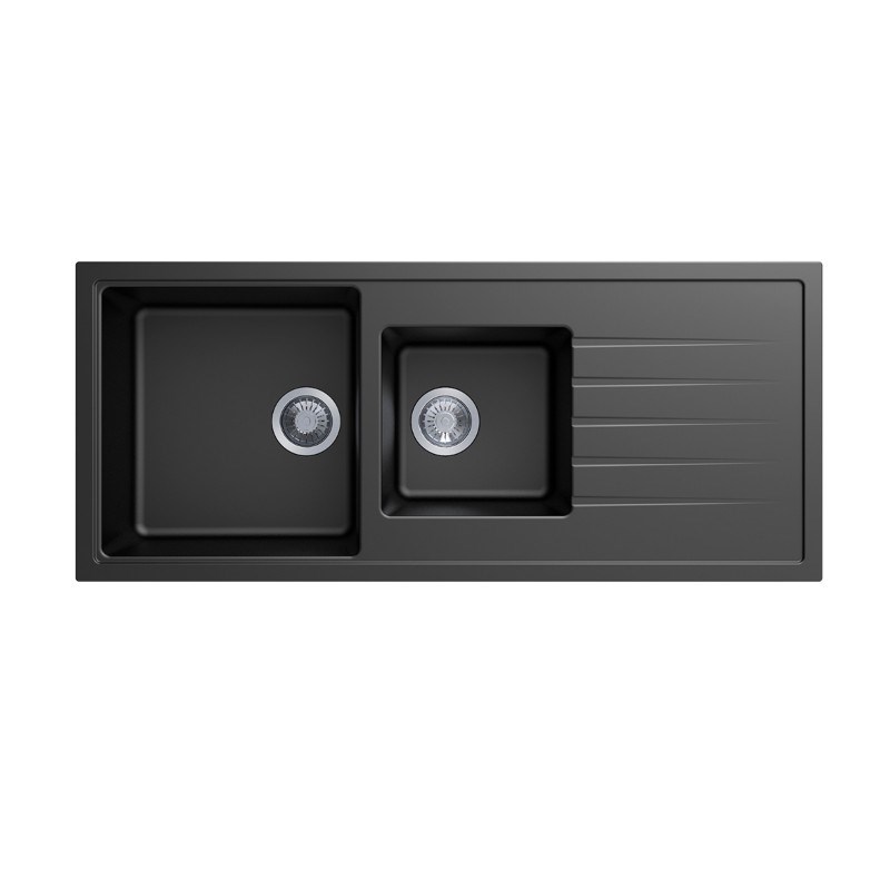 Black Carysil Vivaldi D-200 Granite 1 and 1/2 Bowl with Drain Board Stone Kitchen Sink 1160*500mm