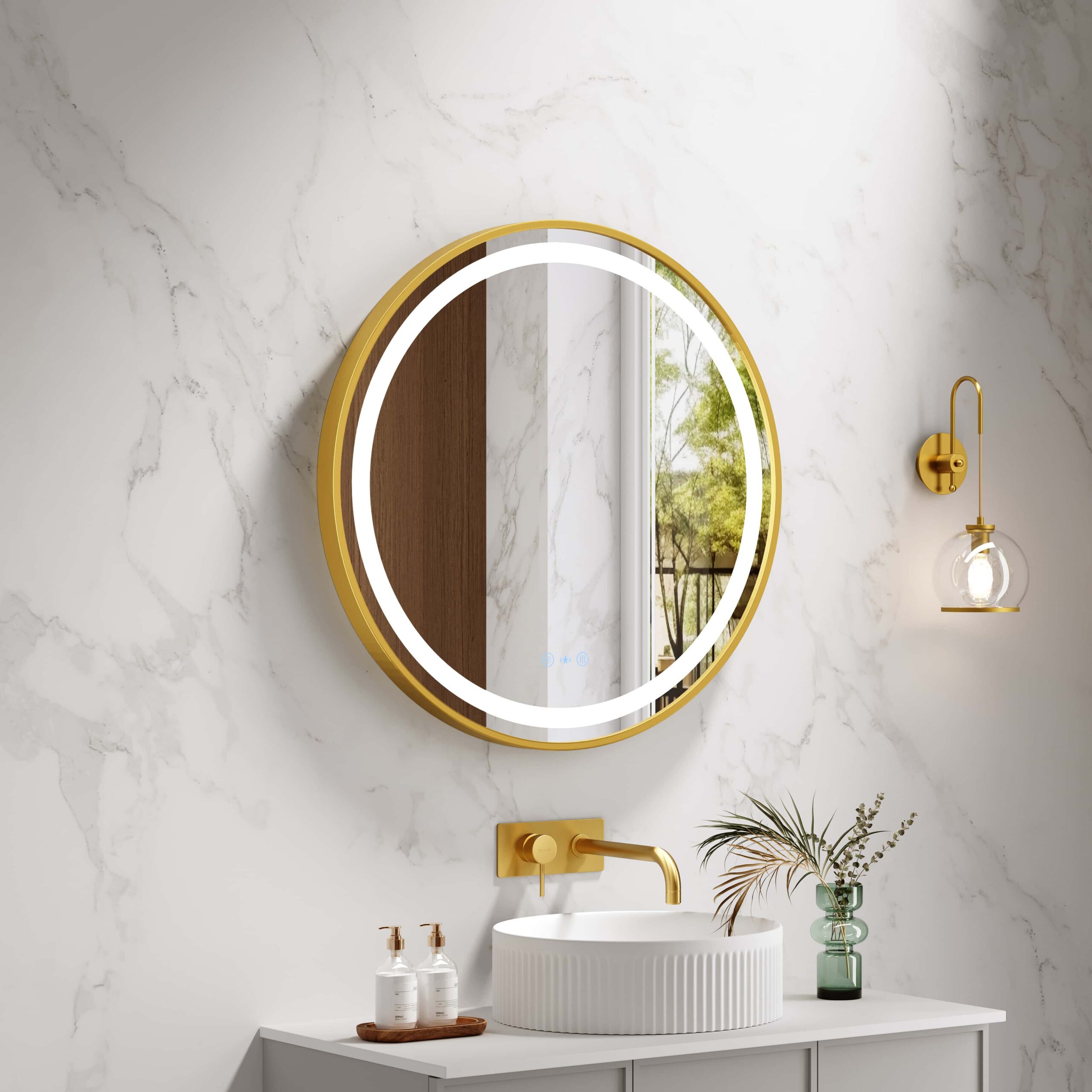 Venus Framed LED Mirrors 5mm Copper-Free Silver Mirror 600mm - Brushed Gold Frame